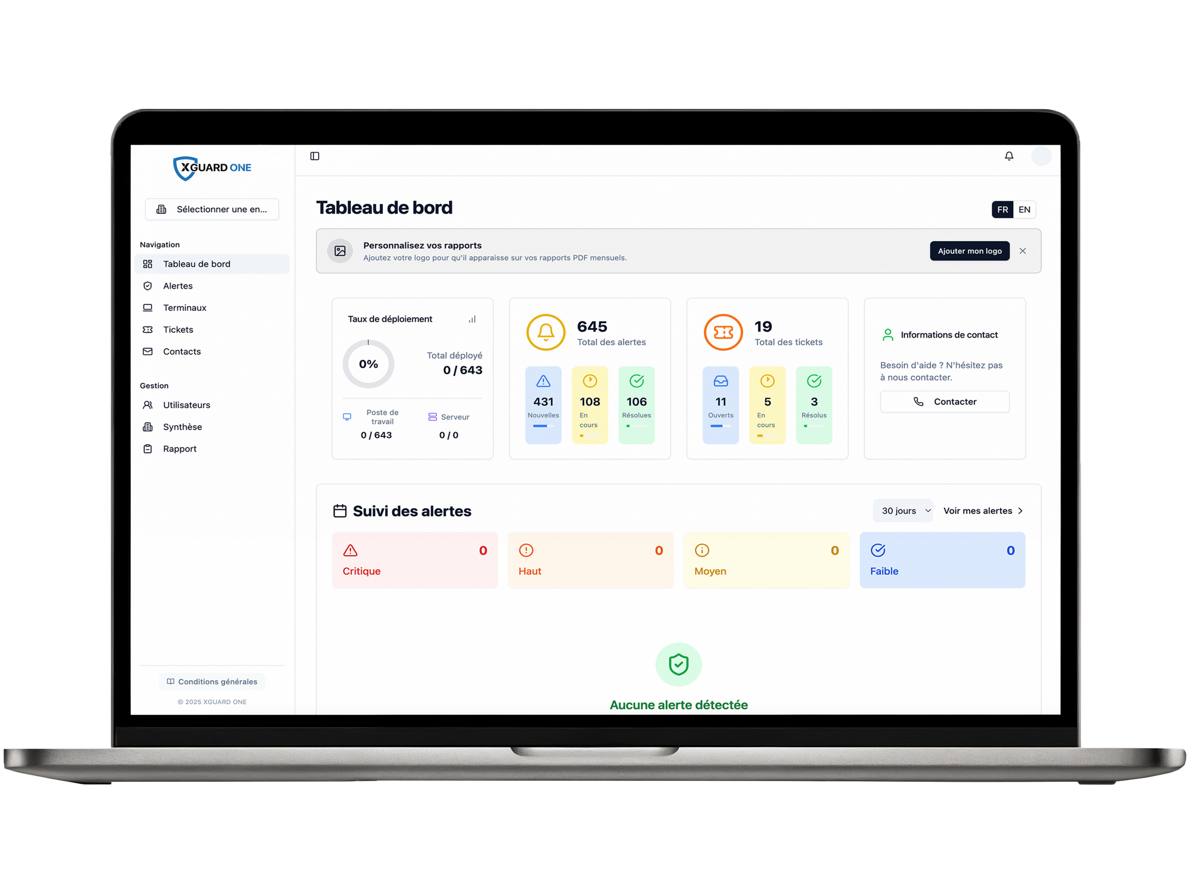 Le tableau de bord XGUARD ONE affiché sur un ordinateur portable